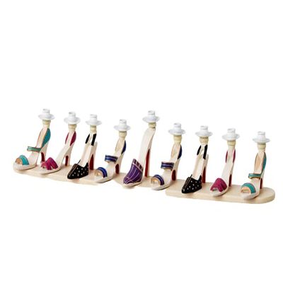 (D) Judaica High Heel Shoes Red Soles Menorah Candle Holder