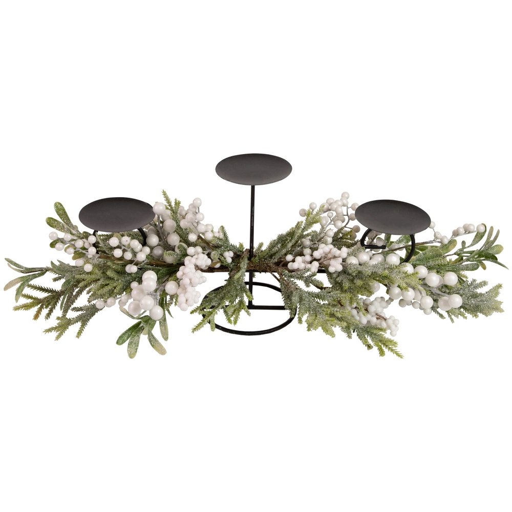 26" Triple Candle Holder with Frosted Foliage and Berries Christmas Decor