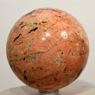 63mm Orange Orthoclase Sphere w/Tourmaline & Epidote Natural Feldspar Crystal Ball Polished Mineral Stone - Madagascar + Stand