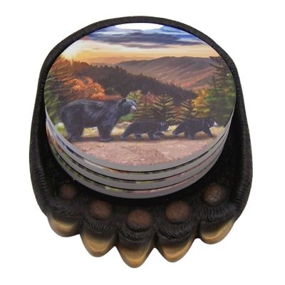 Mama Bear with Cubs in The Forest Drink Coasters with Bear Claw Holder, Cabin Dcor, Set of 4 Coasters, 6 Inches