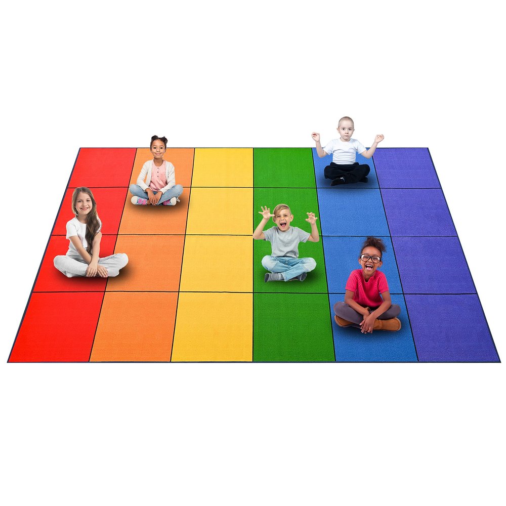Booooom Jackson Rainbow Colorful Seating Classroom Rug for Kids Room Seating Dcor, 7'54''x13'12'' Large Preschool Carpet Seating Rug for Teaching and Playroom, Non-Slip Rubber Backing