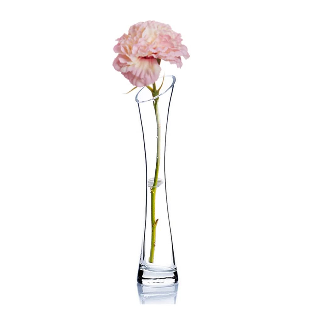 Hand-Made Blown Art Bud Glass Vase - Clear Small Glass Vase with Heavy Base - Single Stem Flower Drop Vase for Home and Office Decor (Oblique Mouth)