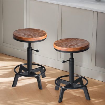 BOKKOLIK Set of 2-Industrial Bar Stool-Counter Height Chairs- Swivel Wooden Seat- Adjustable 17.7-24inch