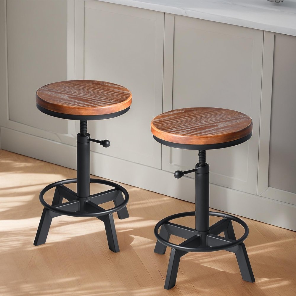 BOKKOLIK Set of 2-Industrial Bar Stool-Counter Height Chairs- Swivel Wooden Seat- Adjustable 17.7-24inch