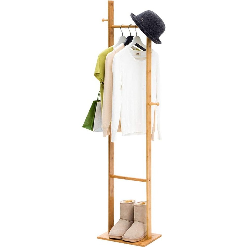 Coat Stand Free Standing Wood Coat Stand, Bamboo Coat Rack, with 4 Hooks and 1 Tiers Storage Shelf, for Hallway Entryway Hats Scarves Bedroom Office Hallway