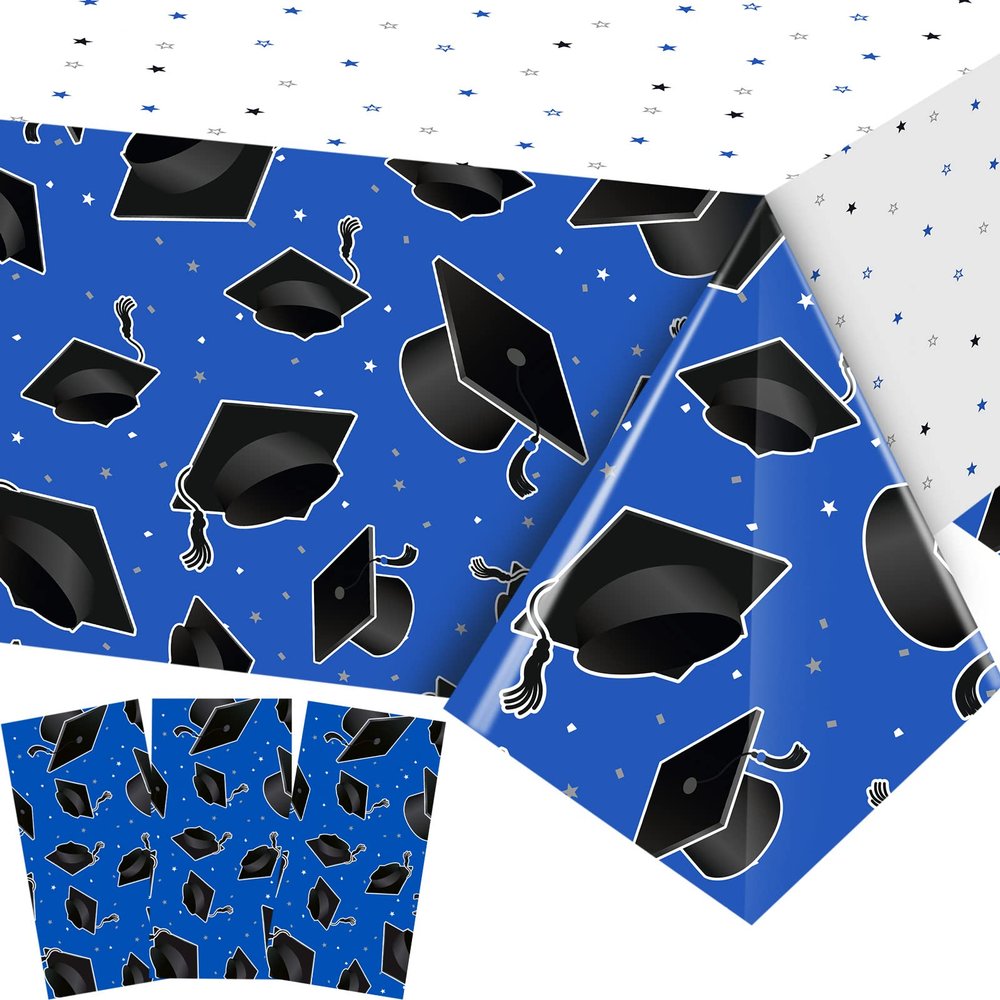 Tranqun 3 Pcs 2025 Graduation Party Tablecloth Graduation Cap Rectangle Plastic Disposable Table Cover Congratulate Decorations for Congrats Grad Party, 54 x 108 Inch(Blue and White)