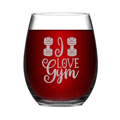 I love gym Wine Glasses Funny Stemless Wine Glass Laser Engraved Whiskey Glass Shot Glass Unique Novelty Idea for Him, Her, Mom, Wife, Boss,15 oz