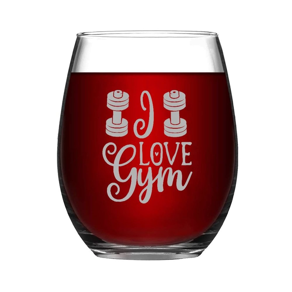 I love gym Wine Glasses Funny Stemless Wine Glass Laser Engraved Whiskey Glass Shot Glass Unique Novelty Idea for Him, Her, Mom, Wife, Boss,15 oz