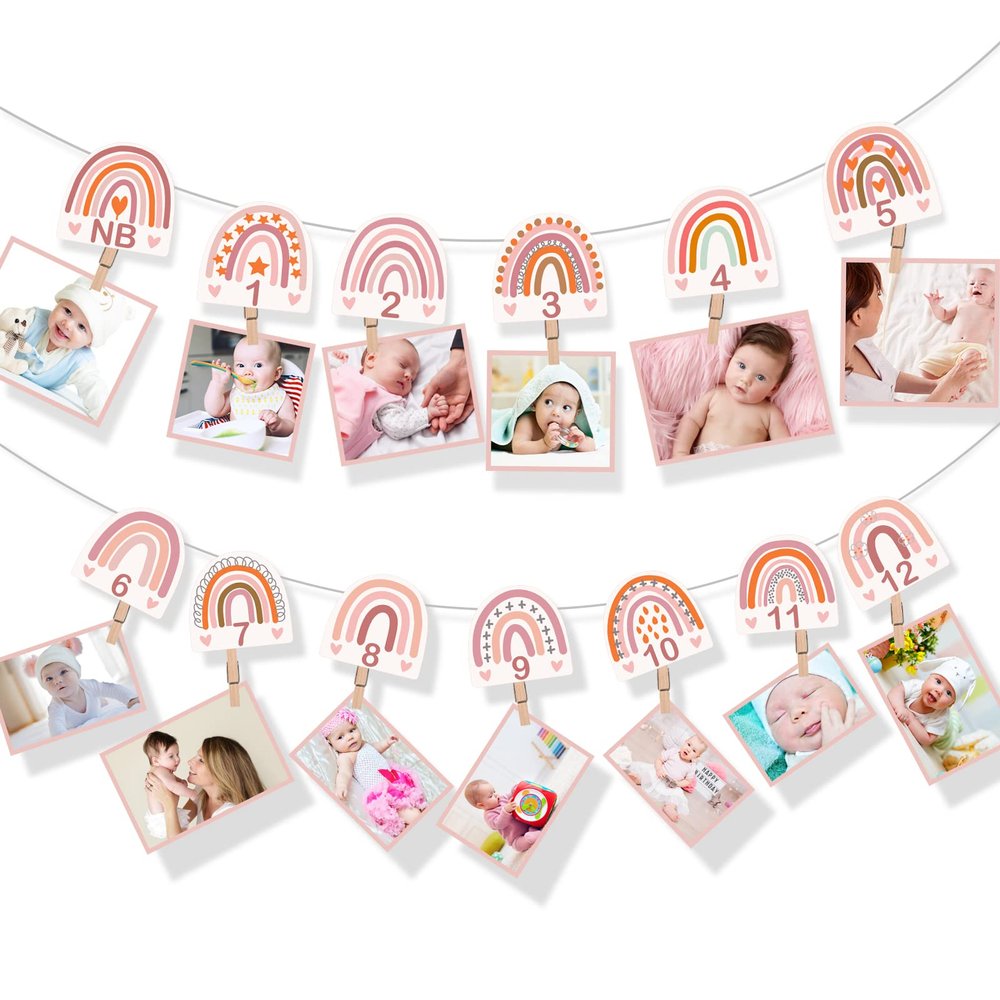13 Pcs Boho Rainbow First Birthday Photo Supplies Bohemian Rainbow Baby Monthly Milestone Photo Banner Pink Garland from Newborn to 12 Months for Boho Birthday Party Supplies Photo Booth Props Decor