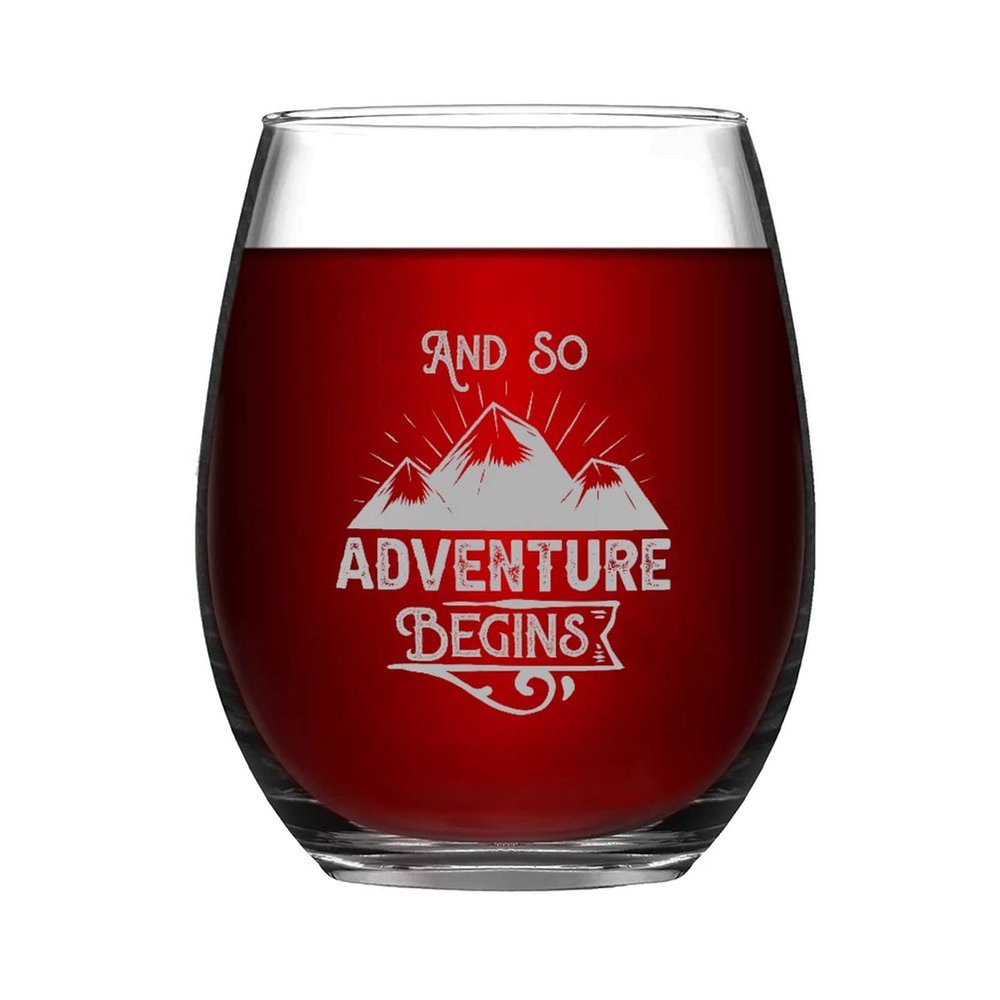 And So The Adventures Begins Wine Glasses Funny Stemless Wine Glass Laser Engraved Whiskey Glass Shot Glass Unique Novelty Idea for Him, Her, Mom, Wife, Boss,15 oz