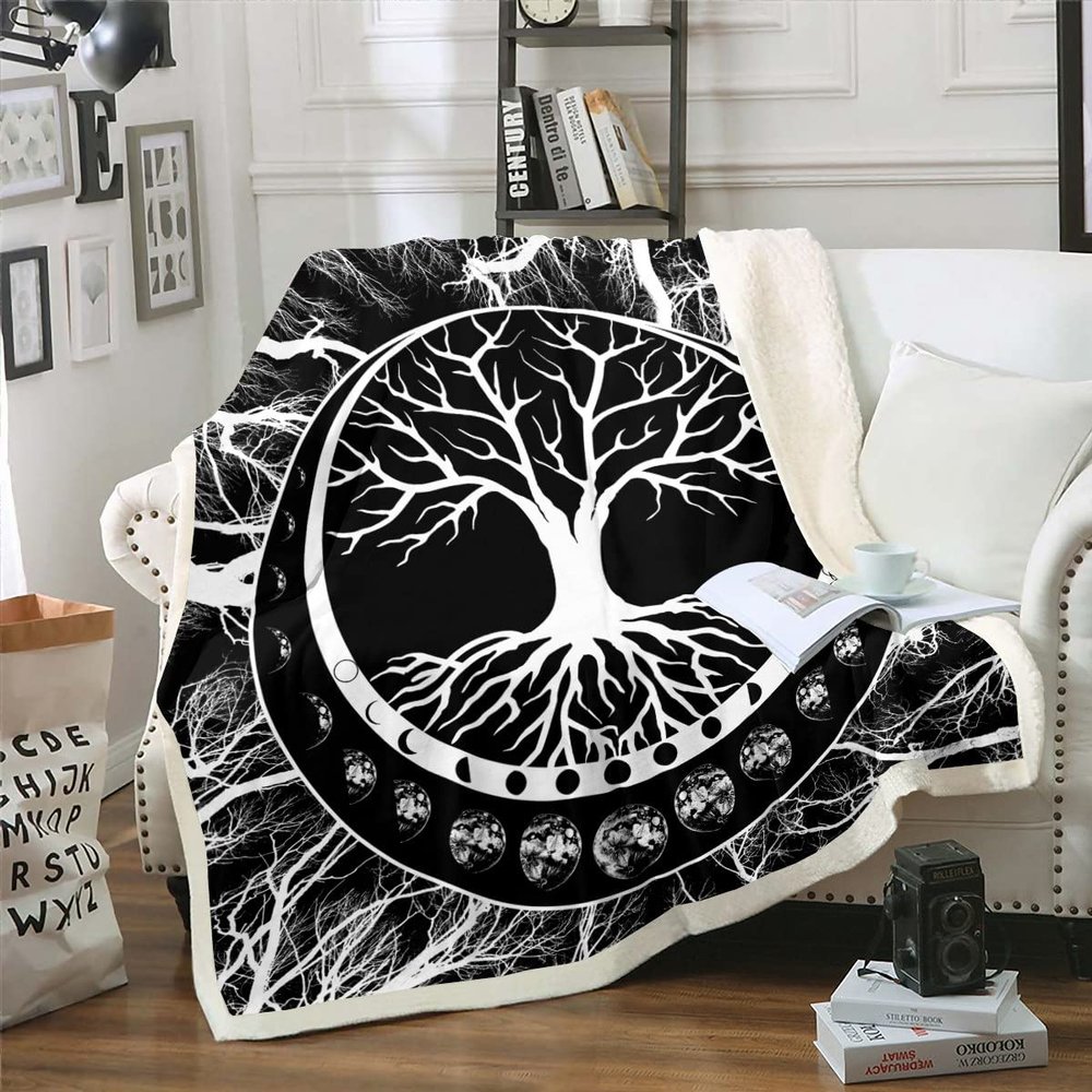 Erosebridal Tree of Life Moon Throw Blanket, Twin Size, Moon Phase Fleece, Black White Botanical Sherpa, Modern 3D Print, Plush Fluffy