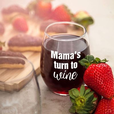Mama's Turn to Wine Stemless Wine Glass,Wedding Favor Glasses,Clear Glass,Party Favor Glass for Events,Branding,and Gifts.