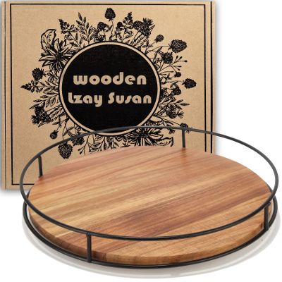 10" Acacia Wood Lazy Susan Turntable, Tomoaza Kitchen Organizer Turntable with Steel Sides, 360 Degree Lazy Susan for Countertop Cabinet or Dining Table (Black)