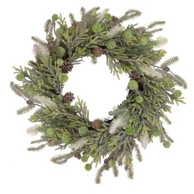 Artificial Christmas Wreath with Frosted Foliage and Pine Cones 24-Inch Unlit