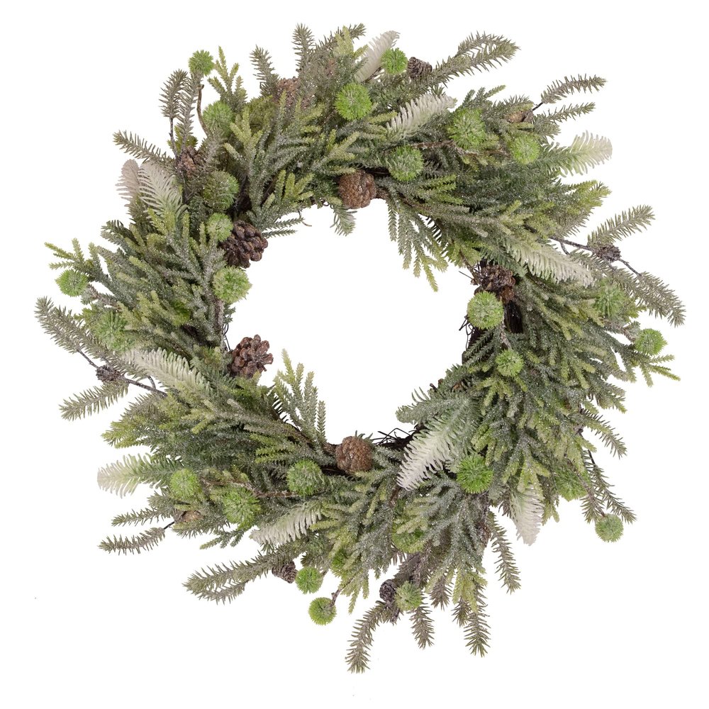 Artificial Christmas Wreath with Frosted Foliage and Pine Cones 24-Inch Unlit
