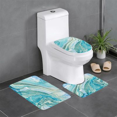 3 Piece Bathroom Mats Set Natural Blue with Gold Liquid Texture Marble Bath mat Non Slip Shower Rugs Extra Soft and Water Absorbent Floor Rug Toilet Contour Mat Lid Cover