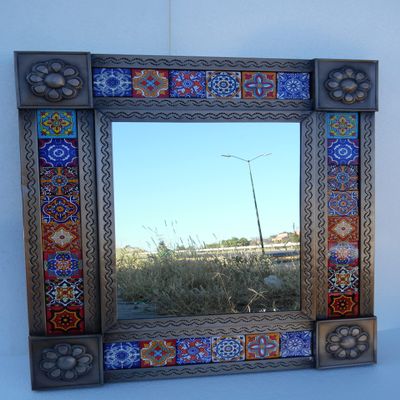 24" PUNCHED TIN MIRROR mixed talavera tile mexican ethnic hand made folk art