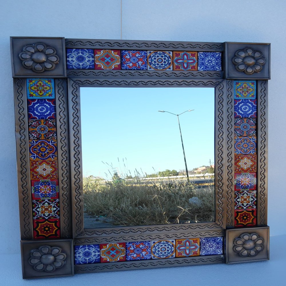 24" PUNCHED TIN MIRROR mixed talavera tile mexican ethnic hand made folk art