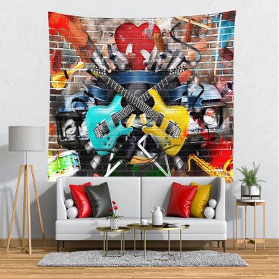 CORFOTO Music Tapestry Retro Music Guitar Musical Tapestry Brick Wall Tapestry Graffiti Wall with Musical Guitar for Men Bedroom Living Room College Dorm Decor Wall Art Wallpaper 70Wx47H inches