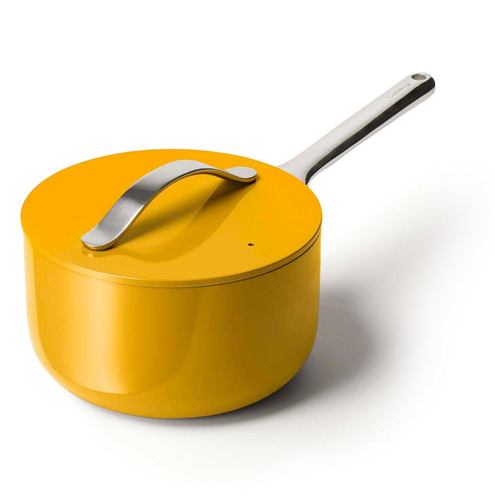 Caraway Nonstick Ceramic Sauce Pan with Lid (3 qt) - Non Toxic, PTFE & PFOA Free - Oven Safe & Compatible with All Stovetops (Gas, Electric & Induction) - Marigold