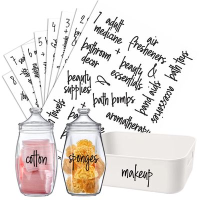 153 Bathroom Organization Labels, Prefdo Waterproof Black Script Preprinted on Clear Stickers for Storage Bins Bathroom Containers Hand Soap Labels Bottles Makeup Organizer (Black)