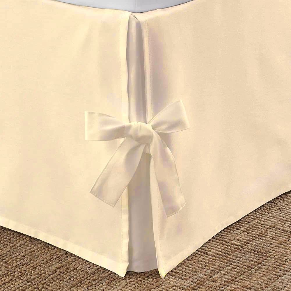 Silver Cotton 1 Piece Split Corner Tie Bed Skirt, 100% Egyptian Cotton, 1000 TC 15 Inch Drop Length Queen Size Solid Ivory