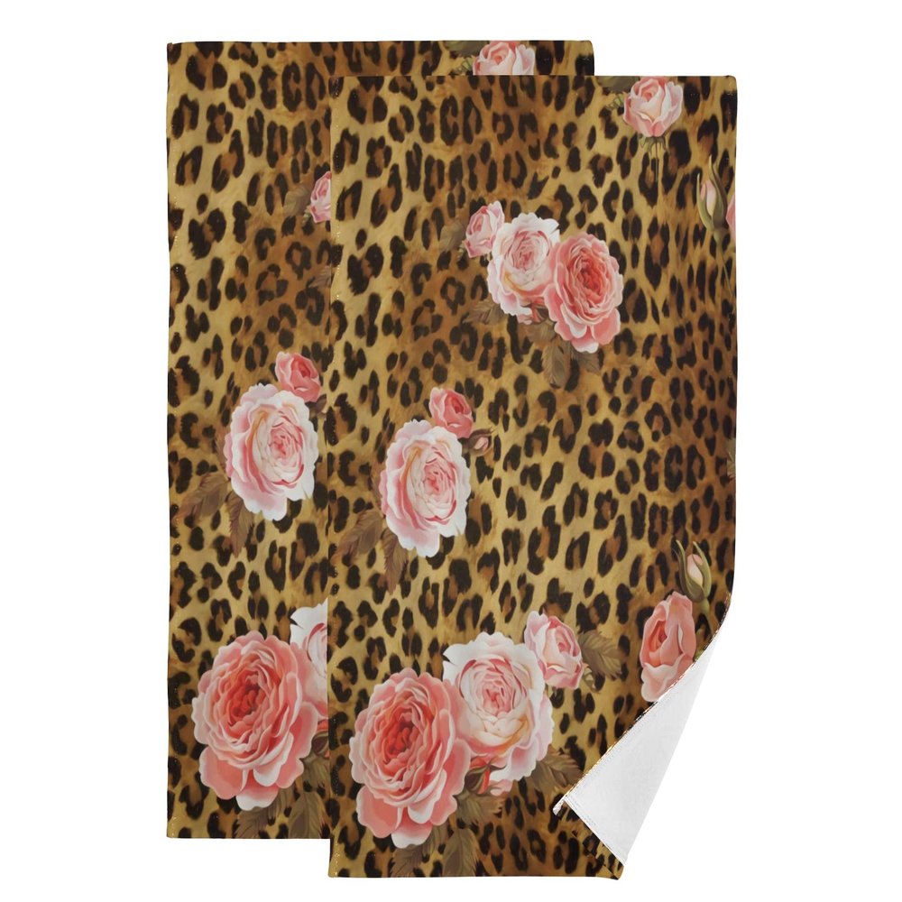 AIYOOLER Pink Rose Hand Towels for Bathroom Set of 2 Leopard Flower Cute Mix Wild Animal Creative Modern Art Soft Absorbent Small Bath Towels Decorative Towel Multipurpose for Hotel,Gym,Spa 28x14in