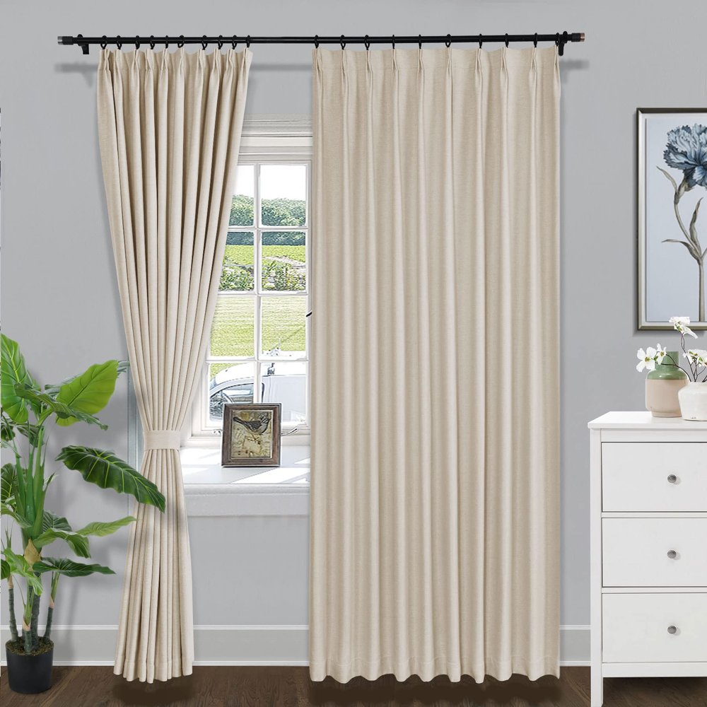 Fcoise 96 Inches Long Blackout Curtains Extra Wide Linen Window Curtains Panels Pinch Pleat Room Divider Drapes for Dorm Decor/Doorway/Restaurant (100 W x 96 L Inches, 2 Panels, Sand Beige)