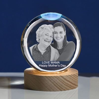 3D Crystal Photo - 3D Crystal Picture Engraved Sphere Ball, Personalized Engraved Heart Crystal, Customized Memorial Anniversary 3D Picture with Light Gifts (Small Sphere Ball, White Light Base)