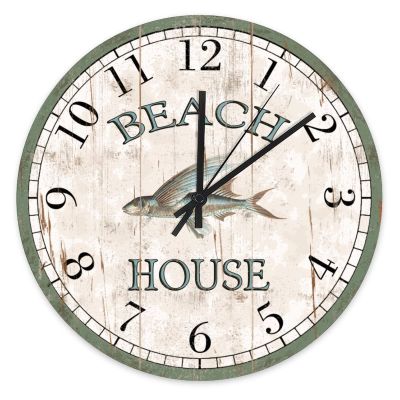 Beach House Shabby Chic Wall Clock Fly Fish Beach Decor Ocean Animal Wooden Round Clocks 15Inch Battery Operated Retro Clocks Home Decorative Silent Clock for Living Room