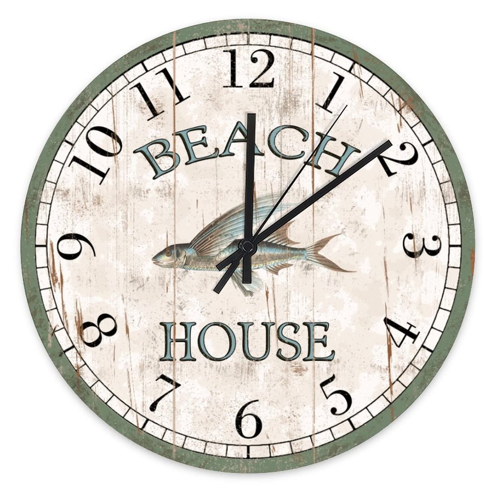 Beach House Shabby Chic Wall Clock Fly Fish Beach Decor Ocean Animal Wooden Round Clocks 15Inch Battery Operated Retro Clocks Home Decorative Silent Clock for Living Room