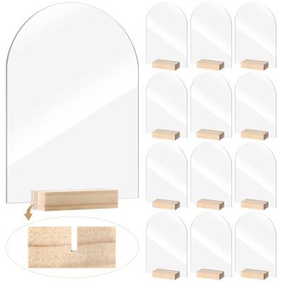 Yalikop 12 Pack Acrylic Sign Holder with Wood Base DIY Signs Acrylic Table Numbers Modern Signs Plaque Vertical Table Decor for Wedding, Restaurant, Store, Office, Hotel(5 x 7 Inch)