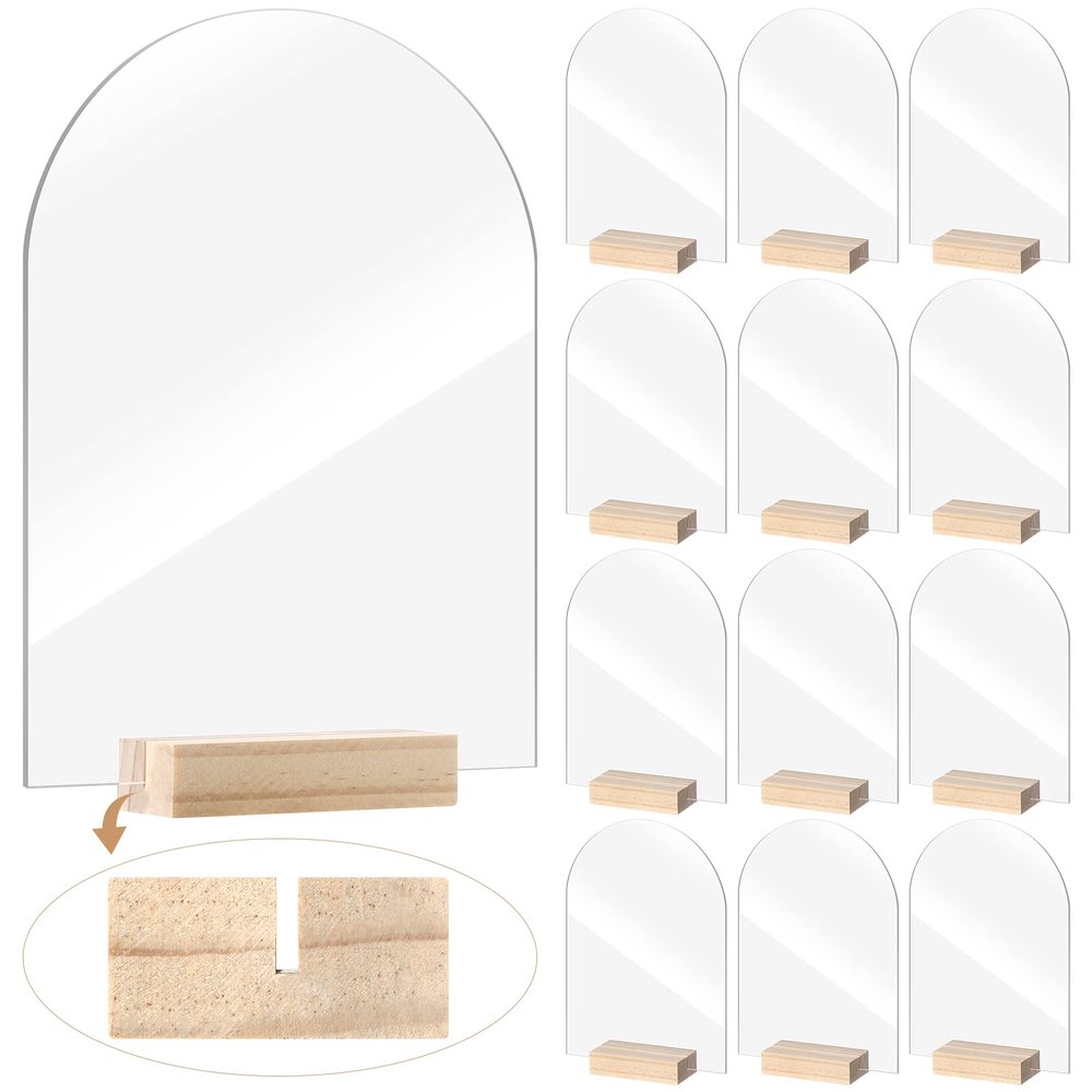 Yalikop 12 Pack Acrylic Sign Holder with Wood Base DIY Signs Acrylic Table Numbers Modern Signs Plaque Vertical Table Decor for Wedding, Restaurant, Store, Office, Hotel(5 x 7 Inch)