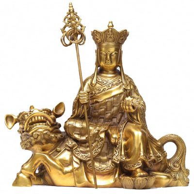 9.2" Brass Ksitigarbha Bodhisattva on Lion Netherworld Leader Buddha Statue