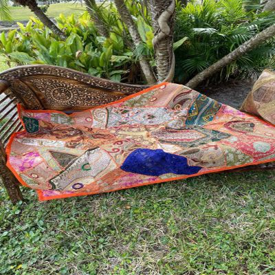 Mogul Interior Indian Tapestry, Wall Decor, Wall Hanging Tapestry, Orange Beige