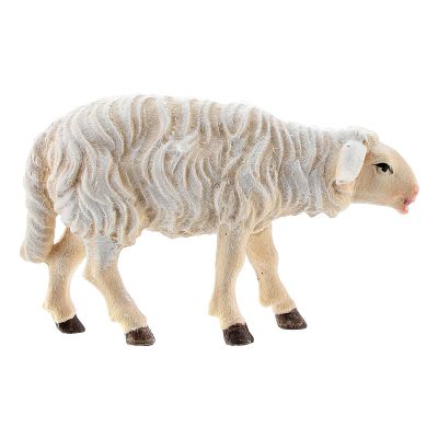 White Sheep Looking Forward, 9 cm Nativity Rainell, in Painted Valgardena Wood