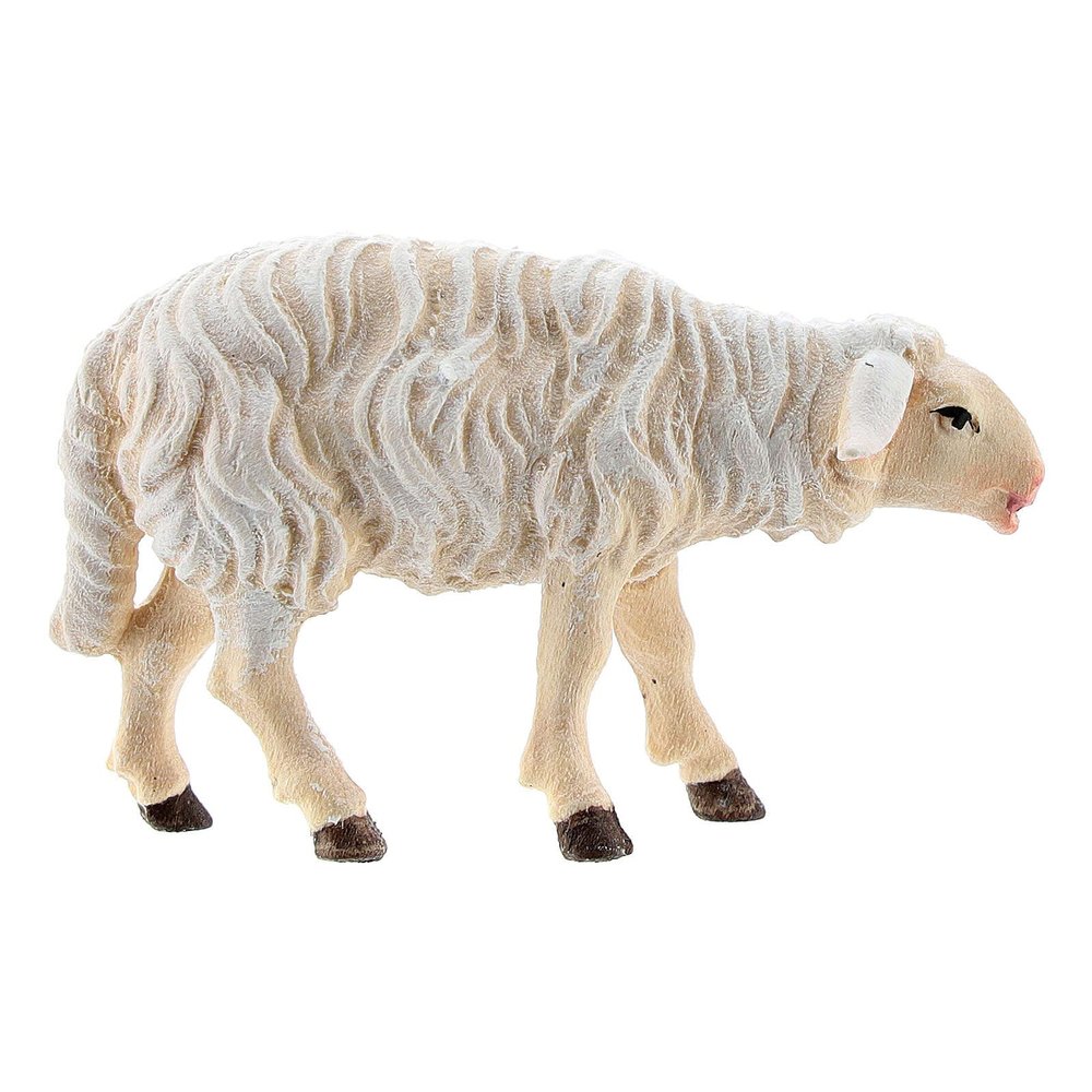White Sheep Looking Forward, 9 cm Nativity Rainell, in Painted Valgardena Wood