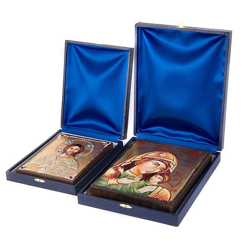 Blue case for icon with Internal Satin Covering, Height: 24,5 cm|Height: 19,5 cm|Thickness: 2 cm|Thickness: 1,5 cm|Width: 20 cm|Width: 15,5 cm