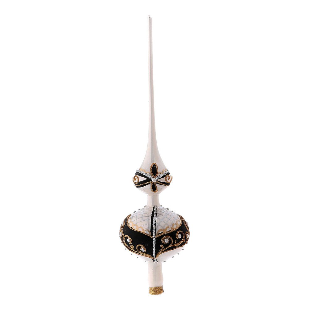Holyart Black and White Tree Topper in Blown Glass with Gold Glitter Design