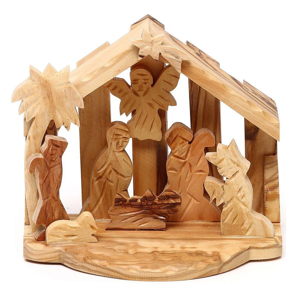 Holyart Nativity Scene in Olive Wood from Bethlehem with Palm 10x10x10 cm