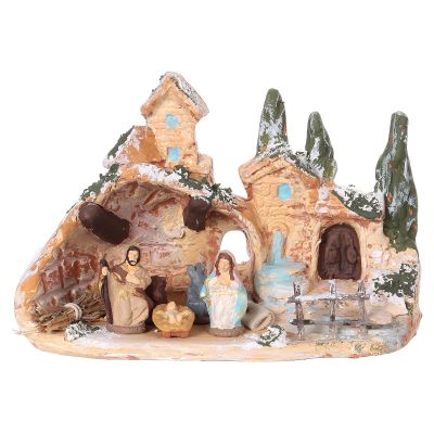 Holyart Stable with Village, in Deruta Terracotta 3 cm Nativity 10x15x10 cm
