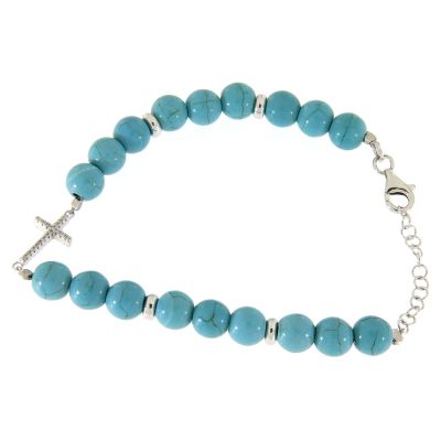 Holyart Bracelet with Beads in Turquoise Paste with Gold Veins, a White Zirconate Cross Made in 925 Sterling Silver