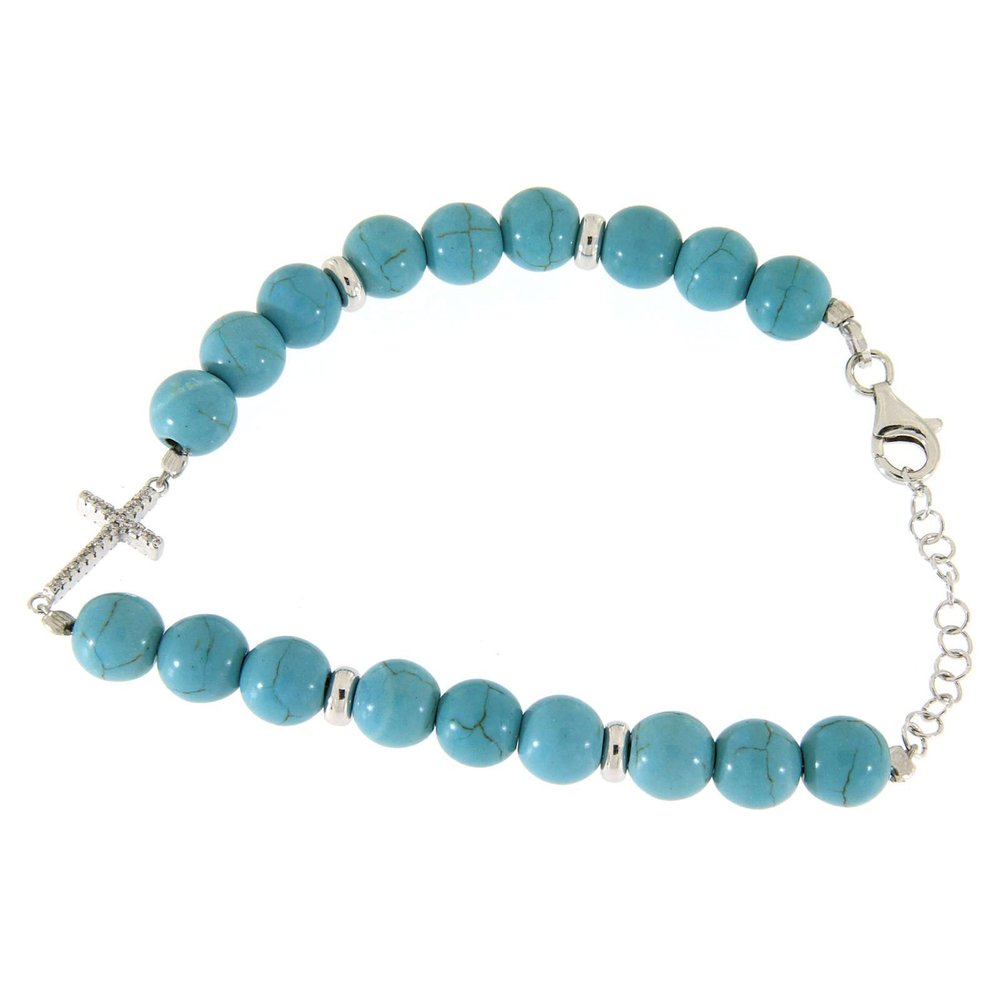 Holyart Bracelet with Beads in Turquoise Paste with Gold Veins, a White Zirconate Cross Made in 925 Sterling Silver