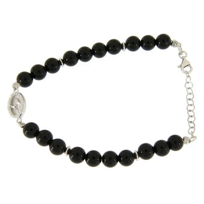 Holyart Bracelet with White and Silver zircons, Saint Rita Medal and Black Onyx Beads