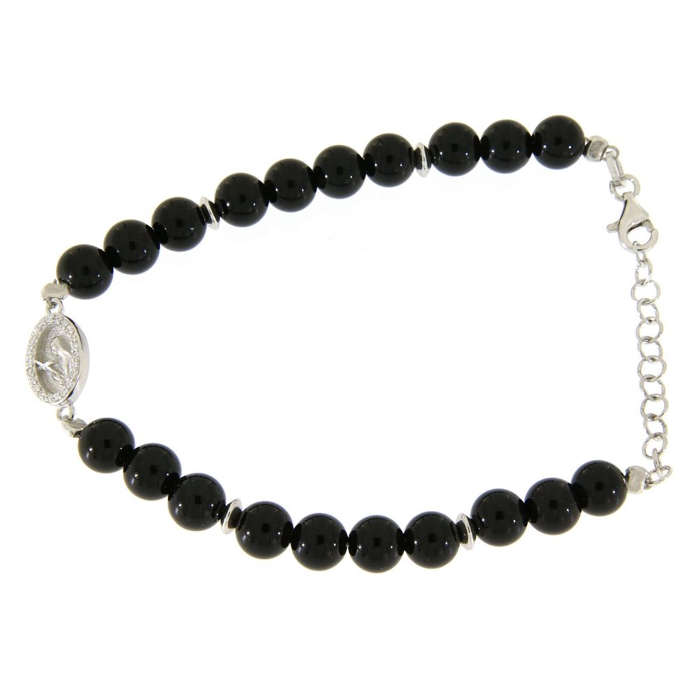 Holyart Bracelet with White and Silver zircons, Saint Rita Medal and Black Onyx Beads