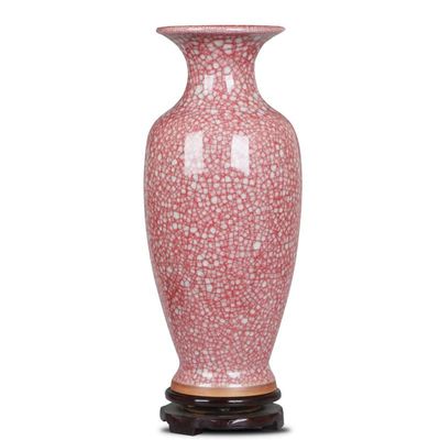 NA Jingdezhen Porcelain vase Antique Jun Porcelain Green Porcelain Vase Rich Bamboo Flower Arrangement Living Room Ornaments Red ice [Large] 51cm high Wood Base