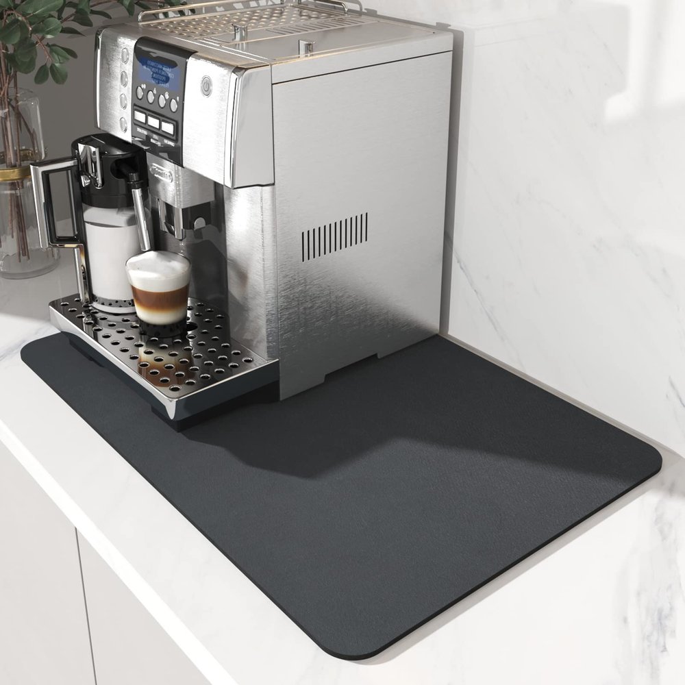AMOAMI-Coffee Mat Hide Stain Rubber Backed Absorbent Dish Drying Mat for Kitchen Counter-Coffee Bar Accessories Fit Under Coffee Maker, Espresso Machine, Pot, Dish Rack,16"x24" Dark Grey