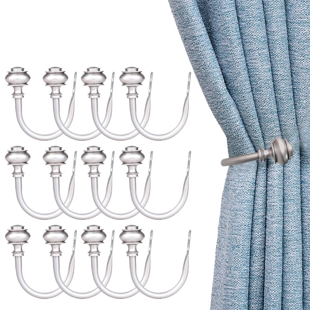 Kowibcl 12Pcs Curtain Holdbacks - Wall Mounted Drapery Tiebacks with Screws, Decorative Curtain Holders for Bedroom Livingroom Office Home,Satin Nickel