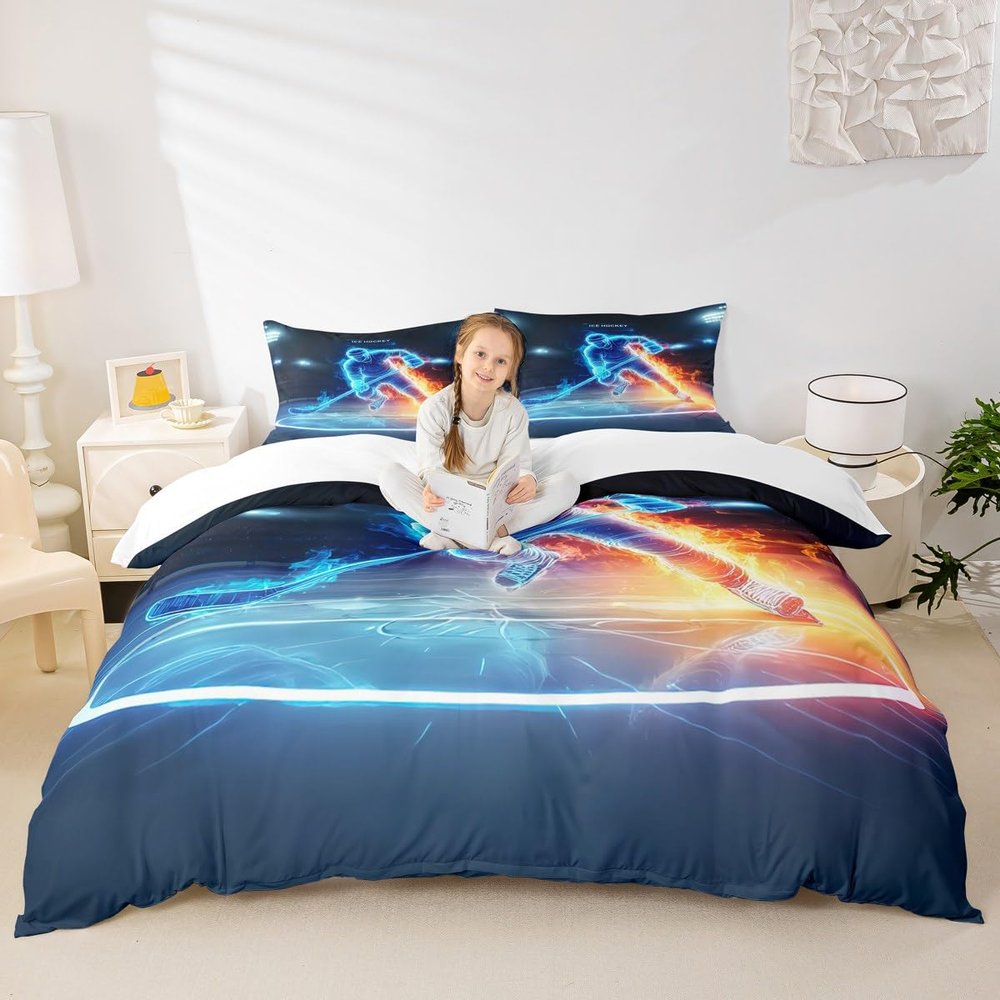 Homewish Ice Hockey Duvet Cover Set Twin,Ice Fire Athlete Bedding Set 2pcs for Kids Teens Adult Room Decor,Game Sport Comforter Cover Modern Quilt Cover with 1 Pillowcase
