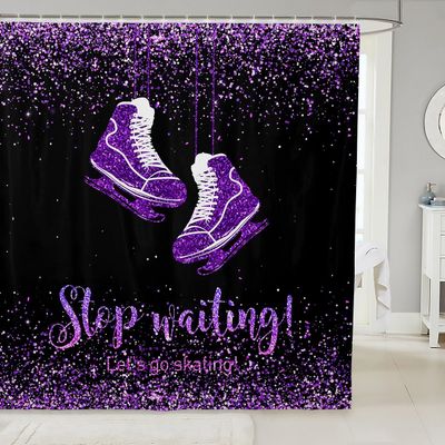 Skate Shoes Shower Curtains,Ice Skating Game Bathroom Curtains for Kids Teens,Extreme Sport Glitter Purple Waterproof Bath Curtains,with 12 Hooks Suits for Bathtub, 72" W x 78" L
